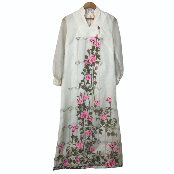 Alfred Shaheen Dresses & Skirts - Vintage 70s Alfred Shaheen Hawaiian Maxi Dress 14 Pink Rose Trellis Signed